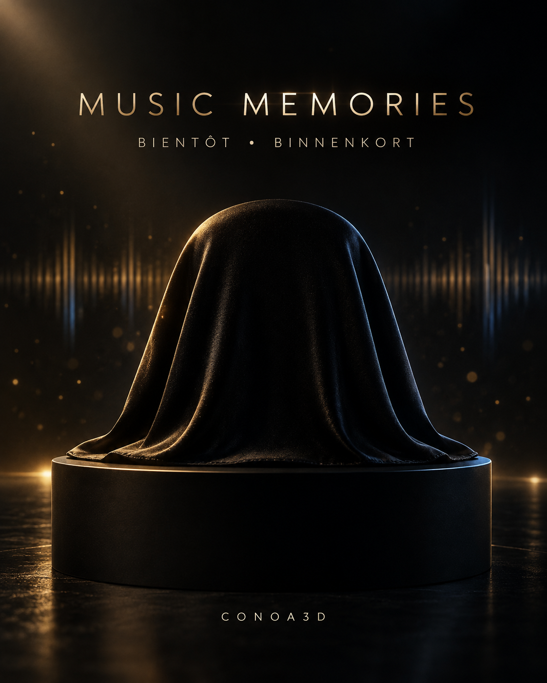 Music Memories par CONOA3D : création mystérieuse sous un voile noir, bientôt disponible.